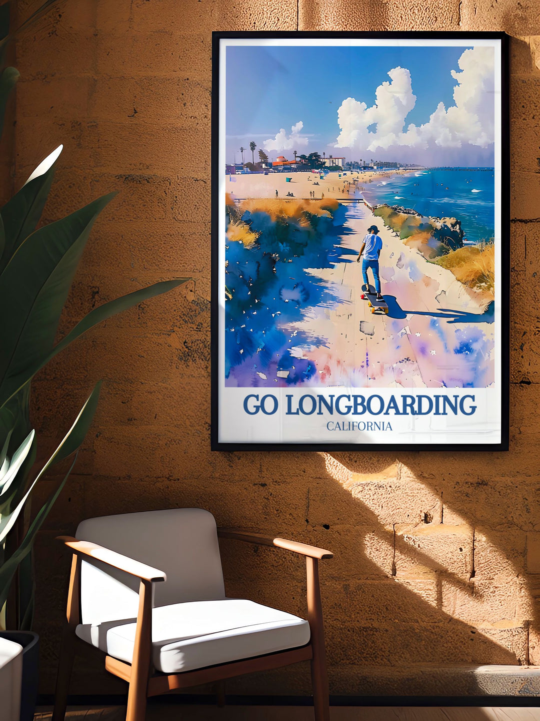 Longboarding Artwork brings the excitement of Venice Beachs skate scene into your home. Featuring the iconic boardwalk and Muscle Beach, this vibrant print captures the thrill of longboarding in the California sun