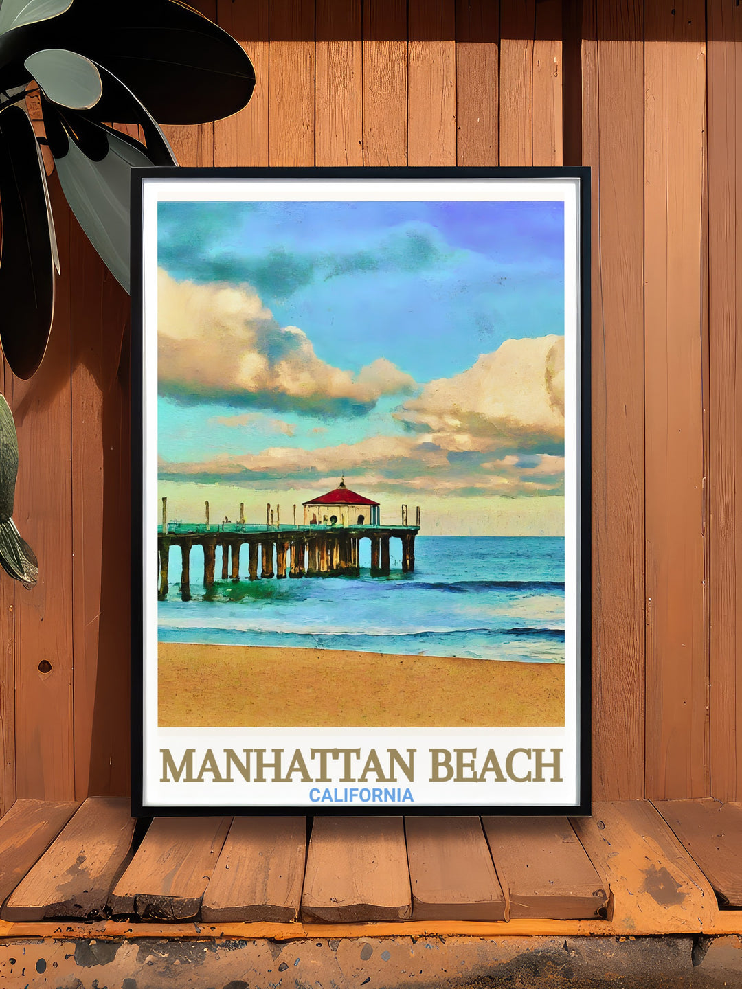 Featuring the iconic Manhattan Beach Pier and the expansive California coastline, this poster print is perfect for anyone who loves the beach. The detailed artwork captures the calm beauty of the Pacific, making it a stunning focal point in any room.