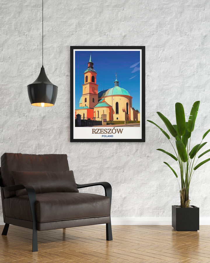 Elevate your living room decor with this elegant Rzeszow wall art showcasing the detailed architecture of the Bernardine Church and Monastery a must-have for any art lover with a passion for Polish history.