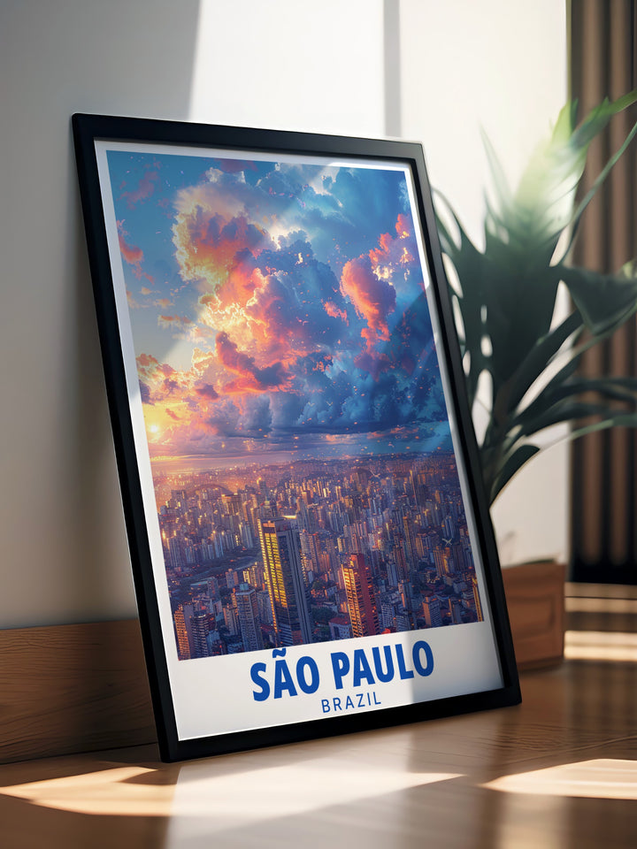 Sao Paulo skyline poster featuring Brazil art that adds a touch of elegance to any living room. This modern Sao Paulo print captures the citys urban beauty and makes a perfect Brazil gift for anyone who loves cityscapes and architectural art.