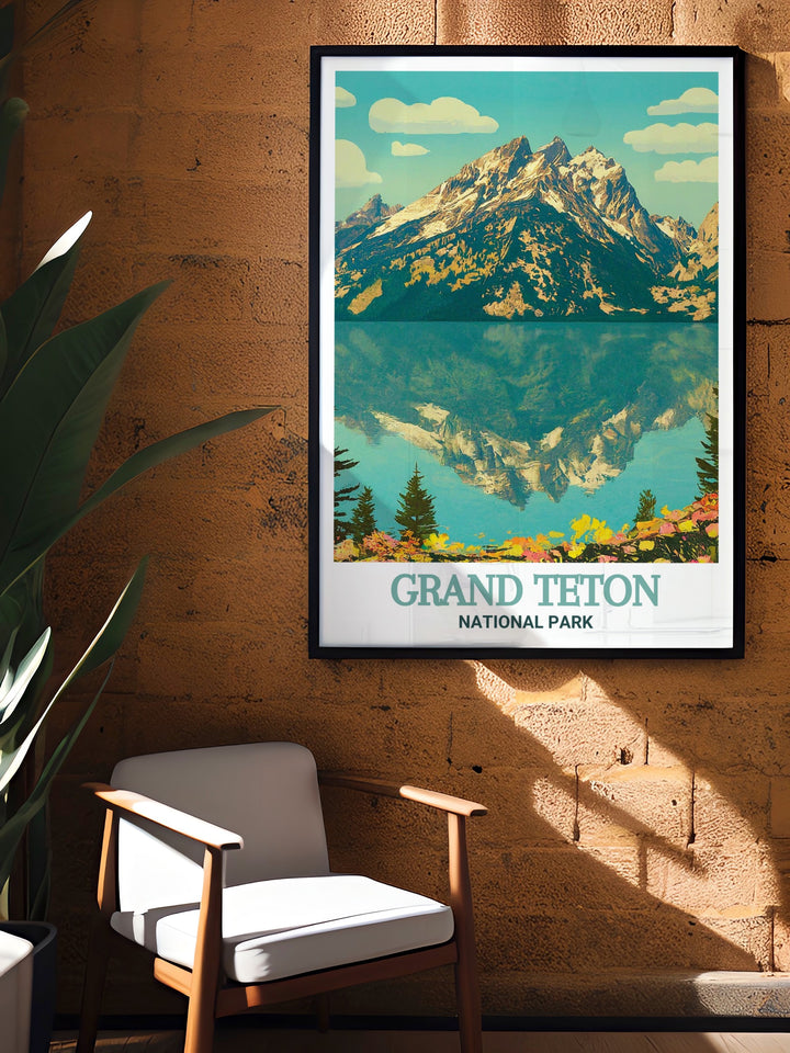 A detailed National Park print featuring Jenny Lake and the towering Grand Teton mountains, known for their stunning landscapes and outdoor adventures. This print brings the tranquility and grandeur of one of Americas most iconic national parks into your living space, ideal for those who love the outdoors.