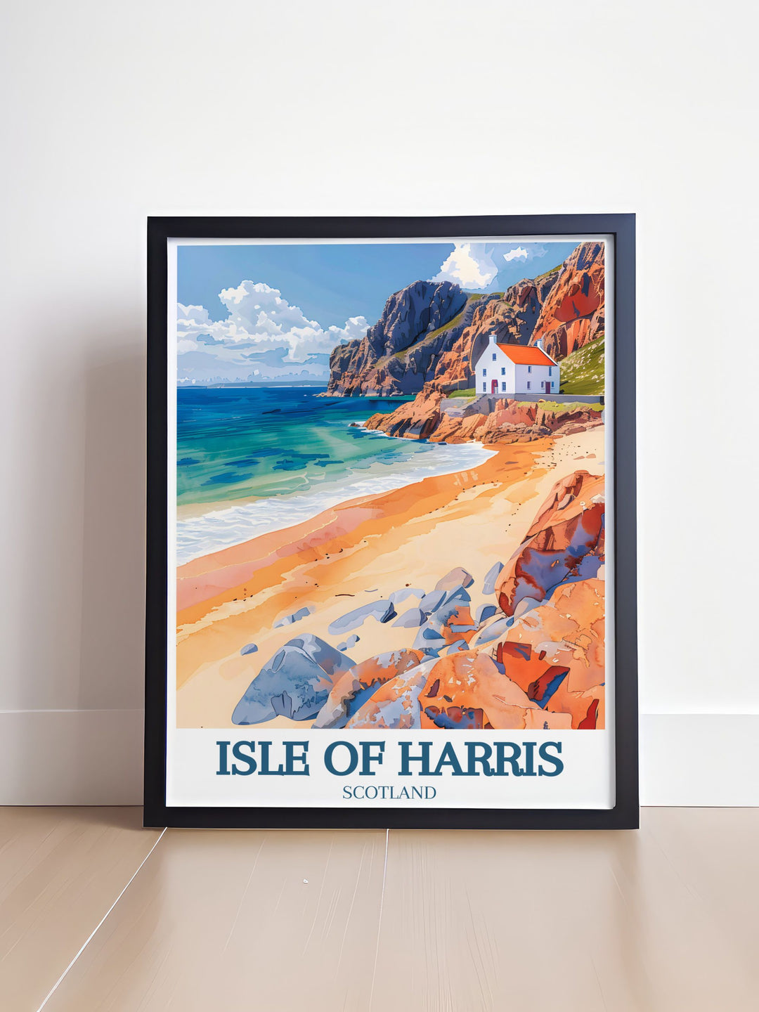 A stunning wall art piece showcasing the scenic views of Luskentyre Beach and its surroundings. The tranquil atmosphere invites viewers to experience the magic of the Isle of Harris, making it a perfect addition to any decor.