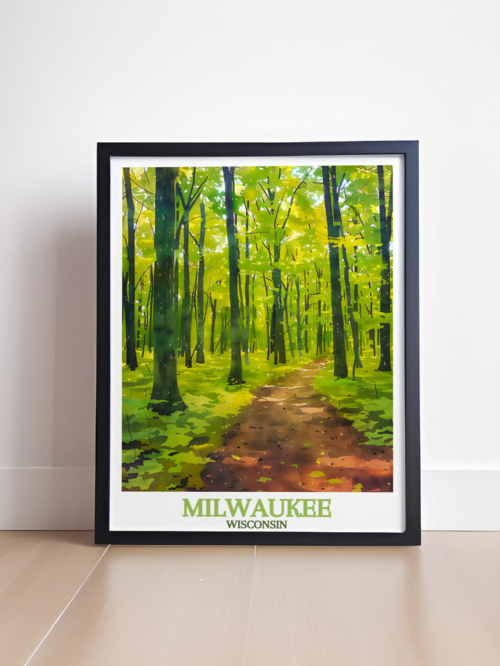 Artistic representation of Kettle Moraine State Forest with vibrant colors and detailed illustrations ideal for enhancing living room or office spaces