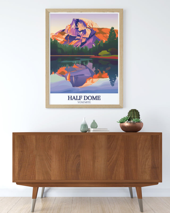 This Yosemite National Park poster showcases Half Dome and Mirror Lake, capturing the natural beauty and grandeur of the iconic landmarks. Perfect for nature lovers, this travel print brings Yosemites scenery to life, making it an ideal piece of decor for your home.