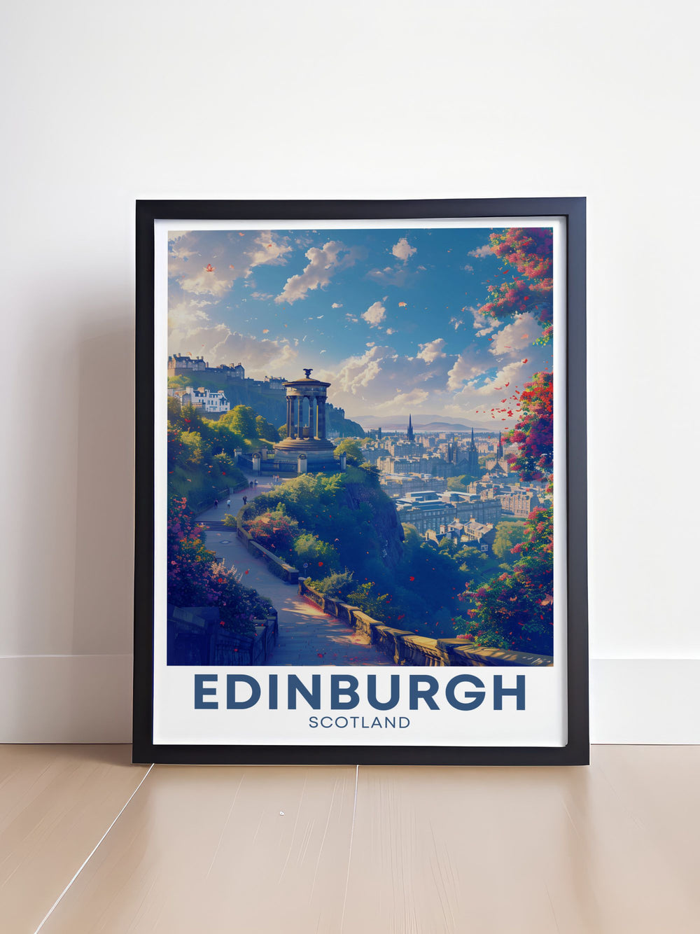 Framed art capturing the majestic view from Calton Hill, emphasizing the natural splendor and historic essence of Edinburgh.