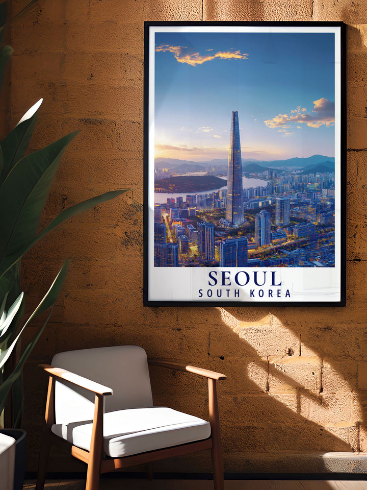 The Lotte World Tower and Seouls vibrant city life are depicted in this travel poster, showcasing the beauty and excitement of one of the worlds most dynamic cities, perfect for urban and architectural enthusiasts.