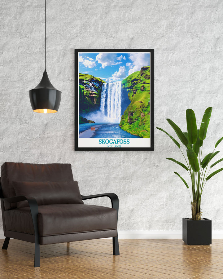 Capture the mesmerizing sight of Skogafoss with this art print, highlighting the waterfalls grandeur and the enchanting rainbow that enhances its splendor.