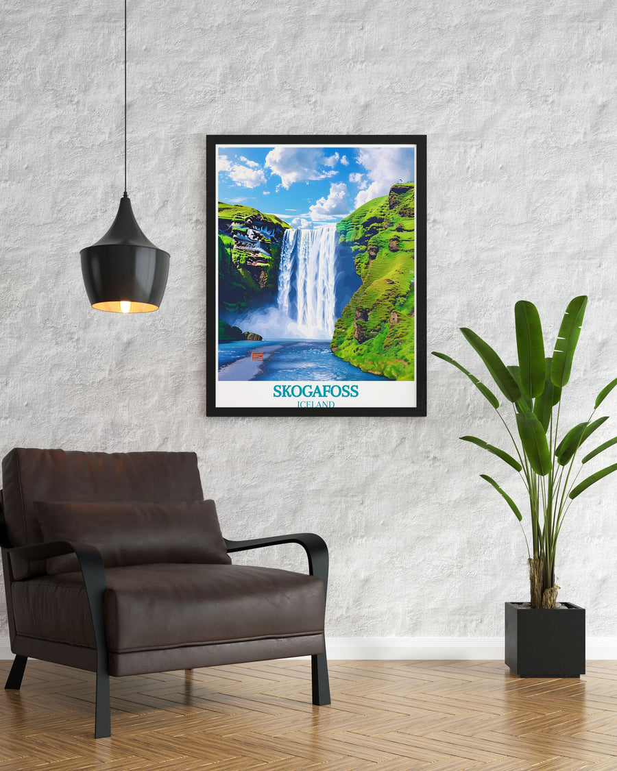 Capture the mesmerizing sight of Skogafoss with this art print, highlighting the waterfalls grandeur and the enchanting rainbow that enhances its splendor.