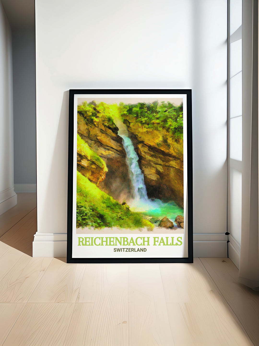 Bring the beauty of Switzerland into your home with this Reichenbach Falls travel poster. Showcasing the iconic waterfall, this fine art print adds elegance and natural charm to your living space or office, making it a versatile decor piece for any room.