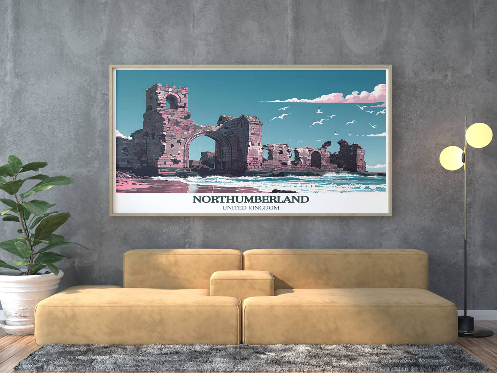 Vintage Travel Print showcasing Bamburgh Castle and Holy Island of Lindisfarne with intricate details and vibrant colors making it a stunning centerpiece for any room and a perfect addition to your home decor