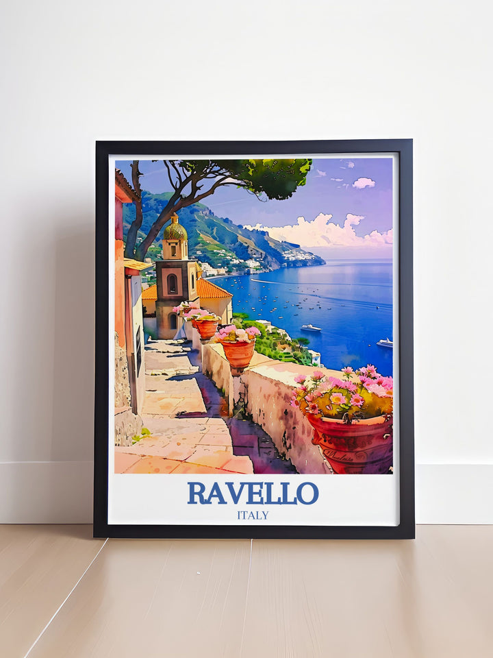 Amalfi coast decor featuring Villa Rufolo and its breathtaking surroundings. This Italian travel art print adds a touch of Southern Italy charm to your home perfect for those who appreciate coastal wall art and elegant home decor