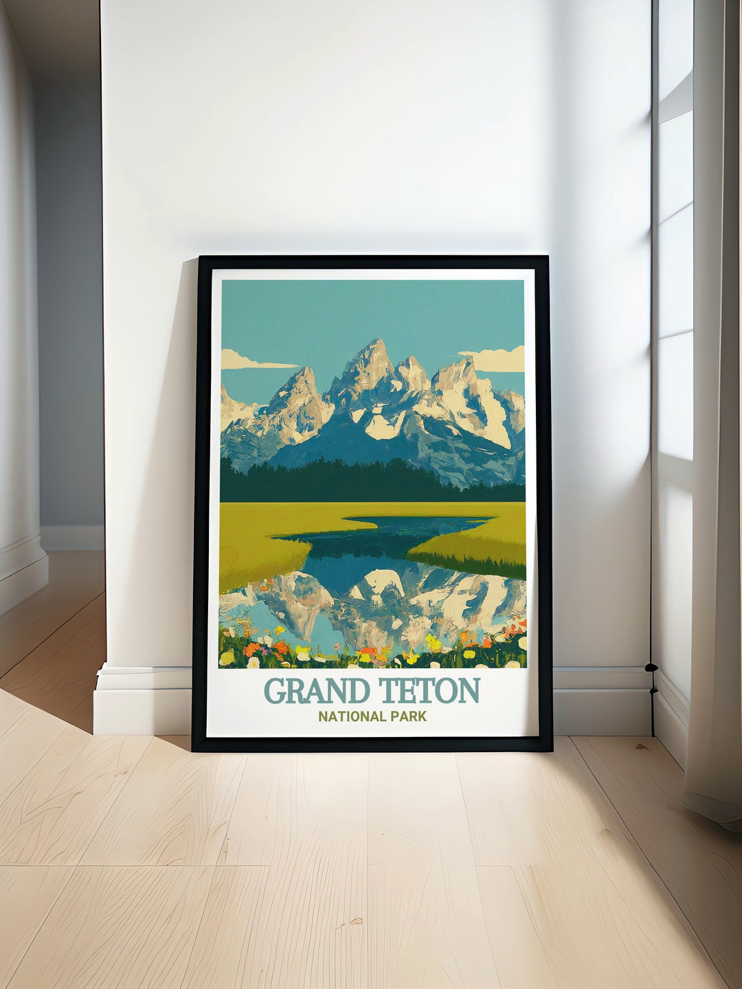 National Park travel poster highlighting the awe inspiring beauty of Grand Teton National Park. This artwork beautifully depicts the rugged peaks and serene landscapes of the Tetons, making it an ideal piece for those looking to celebrate Americas natural heritage in their home decor.