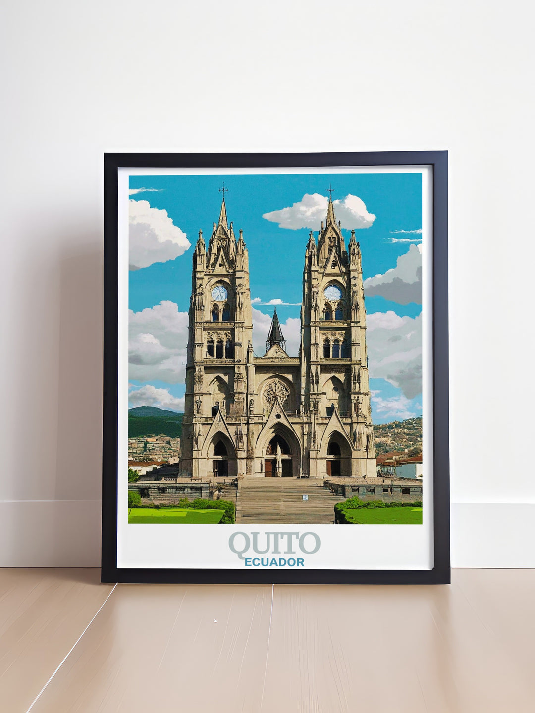 Quito Travel Poster showcasing the stunning Basílica del Voto Nacional and its towering spires. This framed art captures the beauty and history of Ecuadors capital, perfect for adding a touch of South America to your home decor.