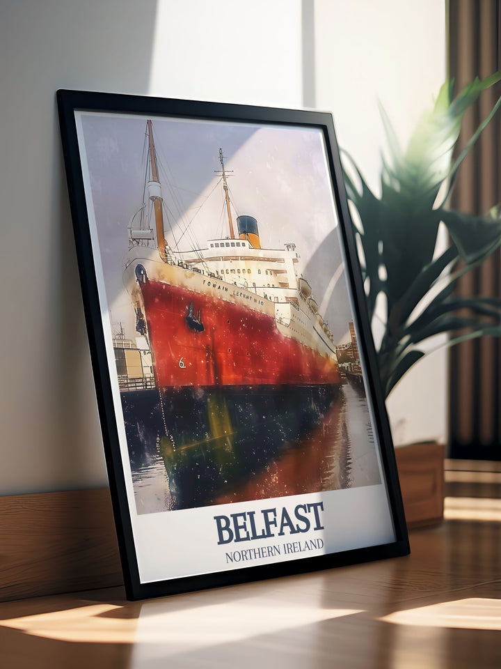 Vintage Titanic Belfast SS Nomadic prints depicting the iconic shipbuilding landmarks of Belfast. These Ireland artworks are perfect for home decor, offering a unique and timeless addition to your collection of UK wall prints and posters.