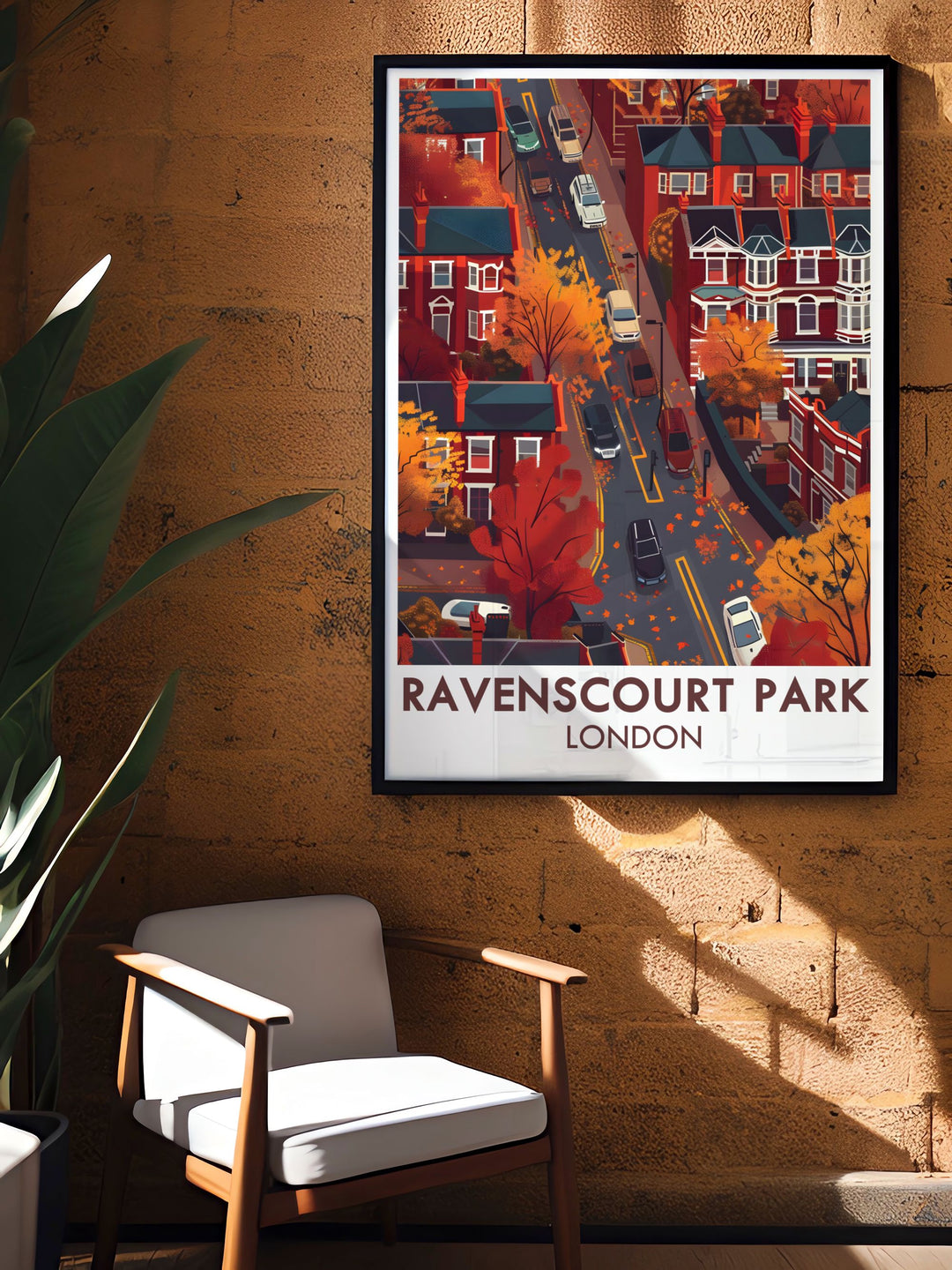 Ravenscourt Park Residentials Framed Print showcasing the tranquil park and historic plane trees. Ideal for any home or office, this London Park Poster brings a touch of natures serenity to your space.