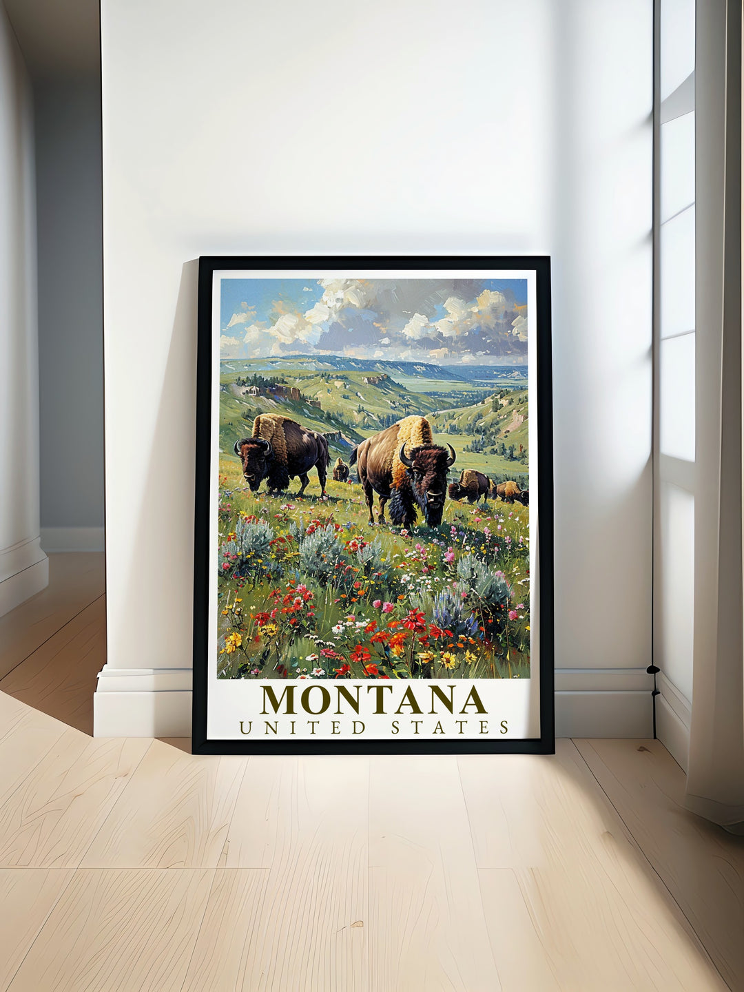 Yellowstone Bison Poster Print illustrates the powerful presence of Montanas iconic bison, roaming free across the wilds of Yellowstone National Park. This travel print adds a touch of adventure and serenity to any room, making it a great gift for nature lovers.