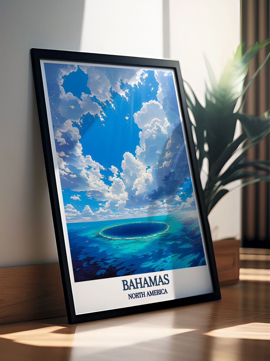 Travel poster of the Blue Hole, offering a birds eye view of the deep blue surrounded by the rich greens of the Bahamian landscape.