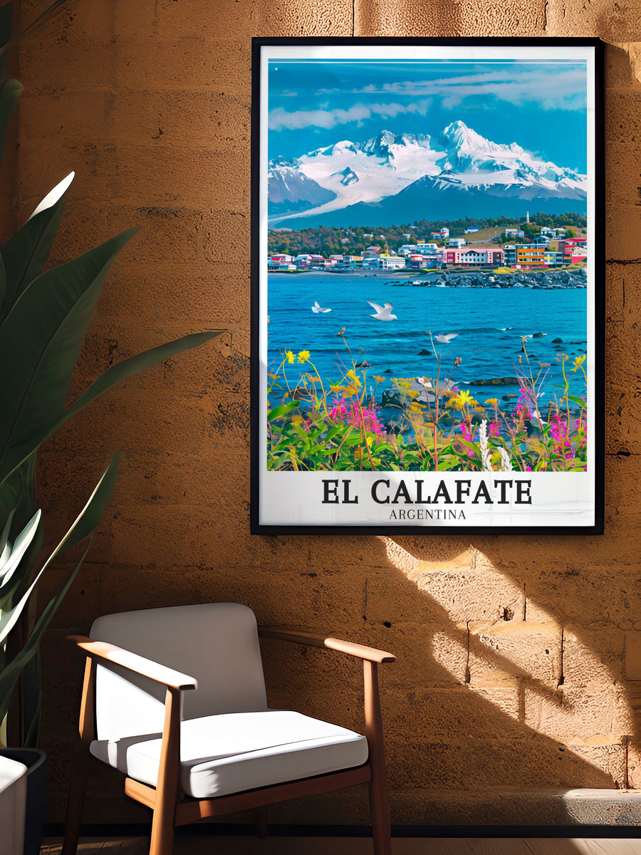 This El Chalten travel poster captures the beauty and adventure of Argentinas hiking capital. Featuring stunning landscapes, this poster adds a sense of wanderlust and inspiration to any room. A must have for lovers of travel and nature art, it brings Argentinas most breathtaking vistas into your home.