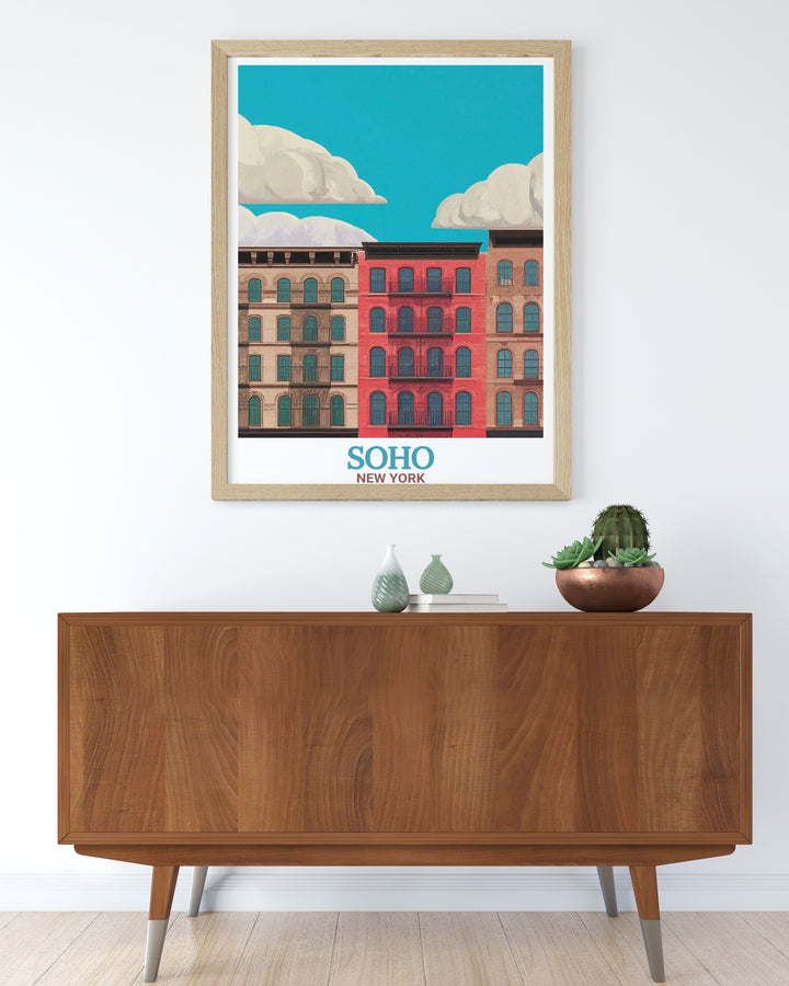 The architectural beauty of Londons Soho and its Palladium Theatre is celebrated in this stunning travel print. The framed poster features a retro inspired design, bringing a nostalgic yet modern touch to any room while paying tribute to Londons historic Cast Iron District.