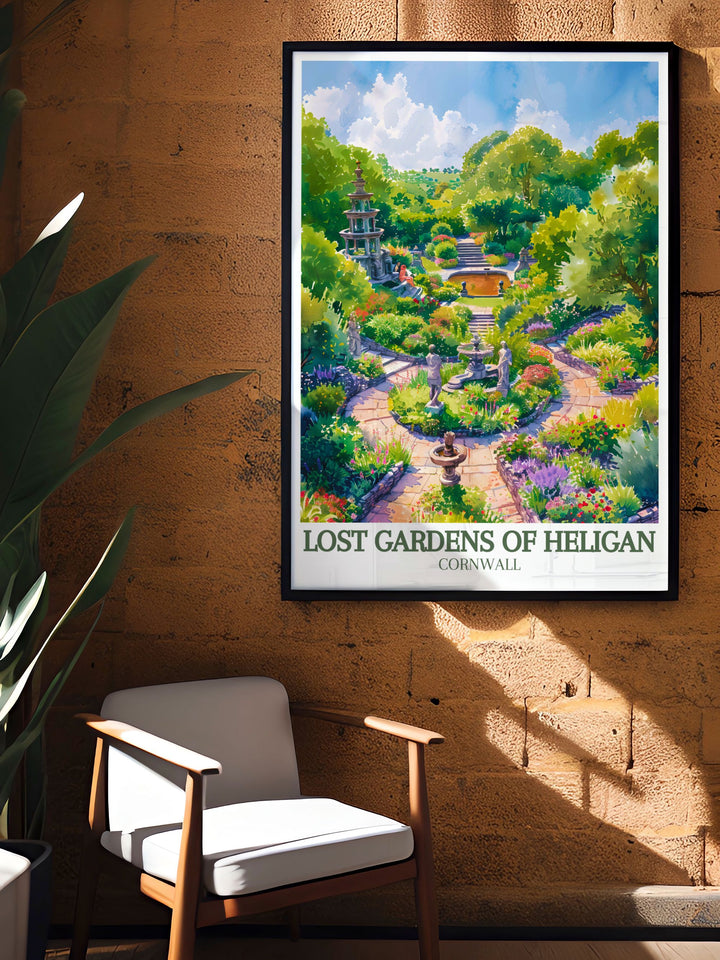 Vibrant Mevagissey Print showcasing the timeless beauty of Cornwalls charming village along with Italian garden Productive gardens ideal for those who love coastal scenes and picturesque landscapes