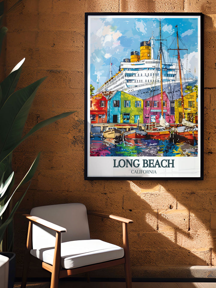 Queen Mary and Shoreline Village stunning prints are ideal for those who love Californias coastal cities. The Long Beach skyline and detailed city map create the perfect modern decor piece with a bold color palette that fits into any rooms style.