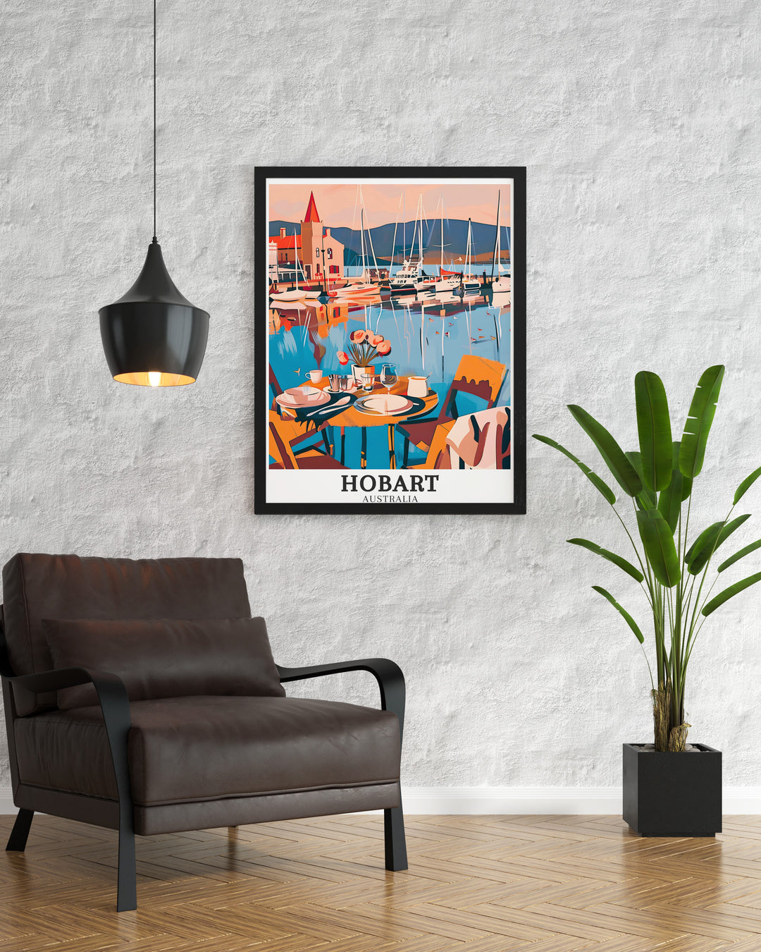 Beautiful Australia wall print of Hobart, featuring the iconic Hobart Ferry Terminal and the peaceful River Derwent. The detailed artwork captures the dynamic interplay between nature and urban life, making it a meaningful Australia souvenir or a stunning piece of wall decor