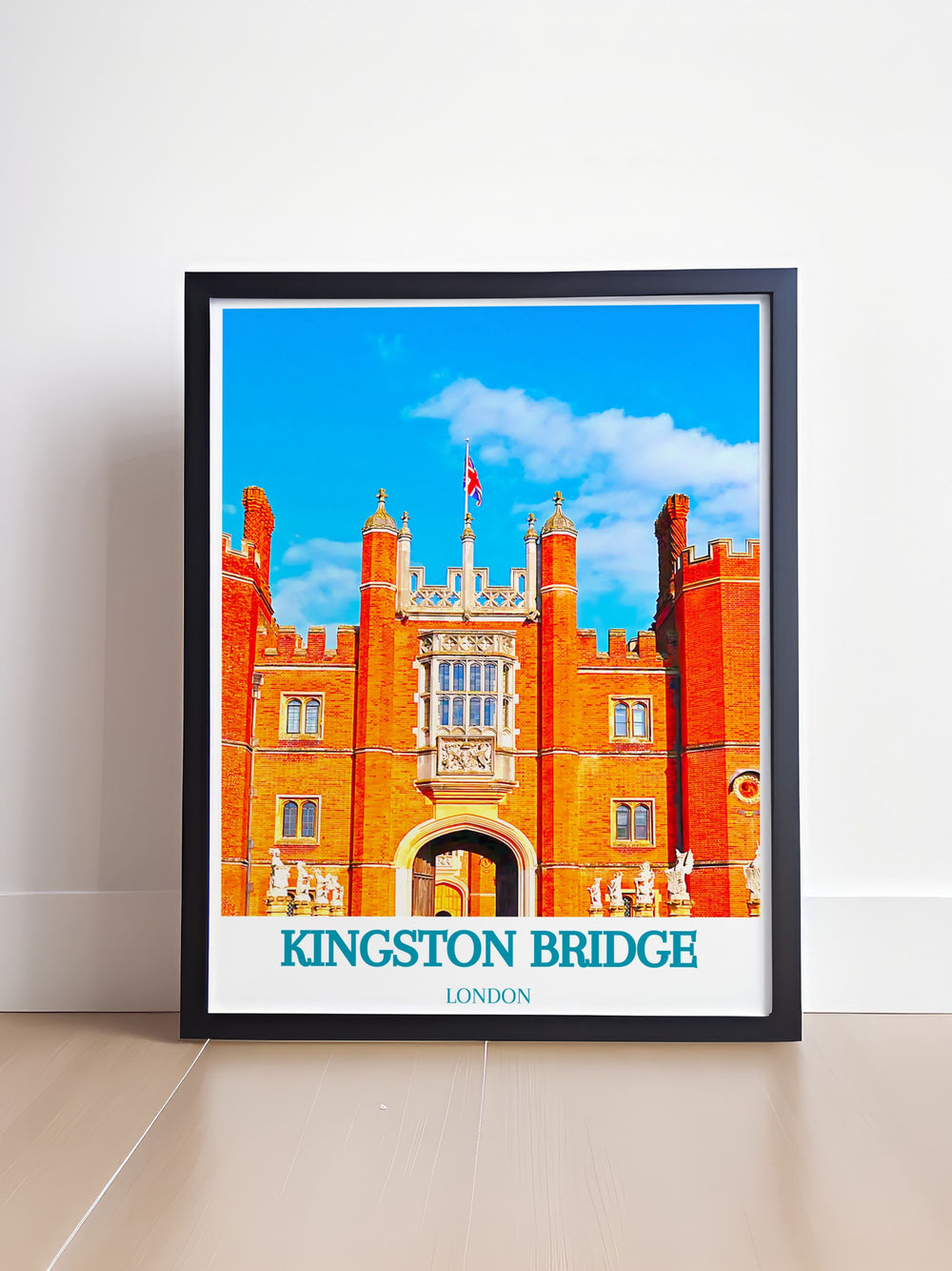 Featuring Kingston Bridge and Hampton Courts rich history and scenic surroundings, this art print highlights the enduring legacy of Londons iconic landmarks.