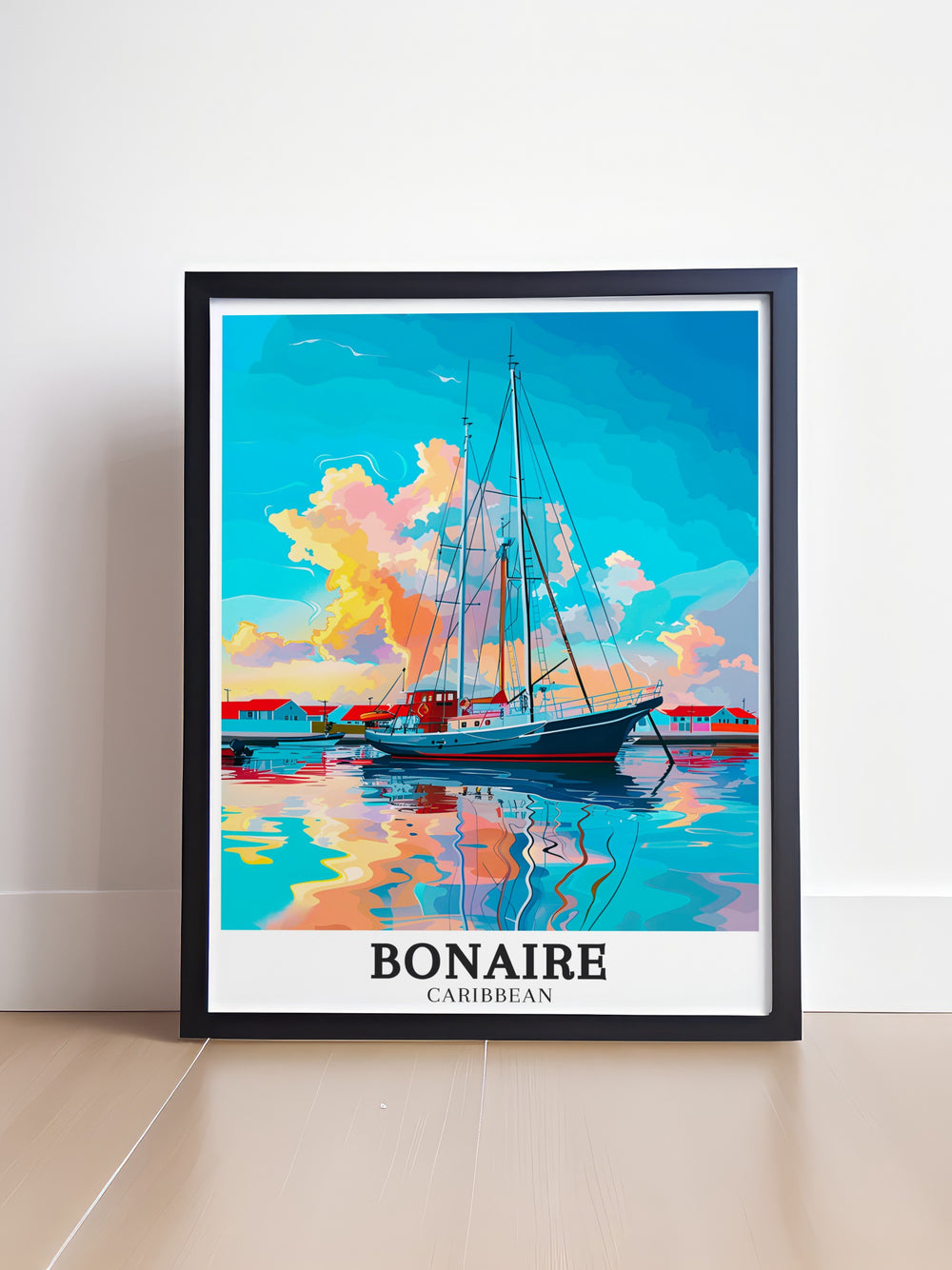 Bonaire Wall Poster highlights the captivating beauty of Bonaires harbor, bringing the colors and calmness of the Caribbean into your home. A must have for anyone looking to add a tropical touch to their space.