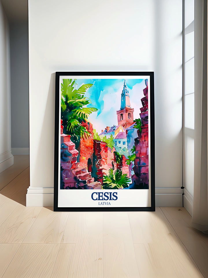 Artistic print of Cēsis, Latvia, highlighting the medieval charm of Cēsis Castle and the architectural beauty of St. Johns Church. The artwork provides a stunning representation of Latvias cultural landmarks, making it a must have for travel enthusiasts and art collectors.