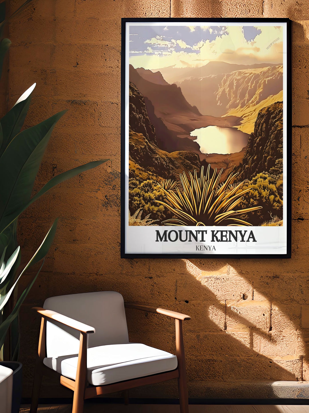 Framed prints of Mount Kenya featuring Chogoria Route and Lake Michaelson perfect for stunning living room decor blending contemporary aesthetics with timeless appeal ideal for travel poster collectors