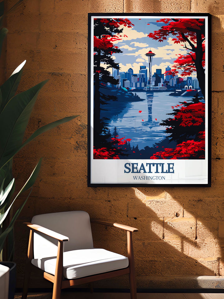 This poster of the Space Needle and the Summit at Snoqualmie celebrates the journey from Seattles urban landscape to Washingtons premier ski resort, highlighting the rich architectural and natural beauty.