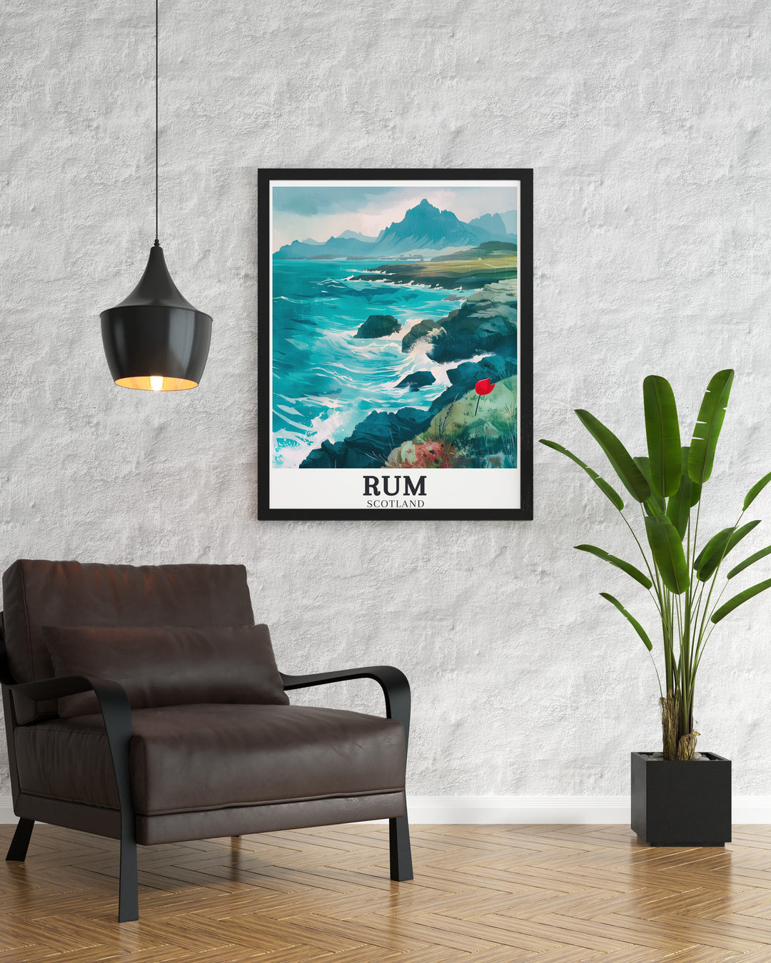 Explore the contrasting landscapes of Rum and Sanday with our travel poster, which celebrates the rugged and the serene in Scotlands Inner Hebrides. A stunning piece for any home.