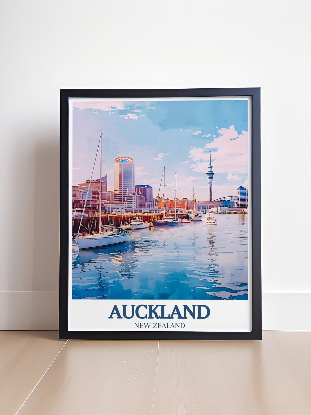 Beautiful New Zealand print showcasing Aucklands dynamic Wynyard Quarter, highlighting contemporary architecture, public spaces, and waterfront views. Ideal for modern urban art enthusiasts and adding a sleek, stylish touch to your living space.