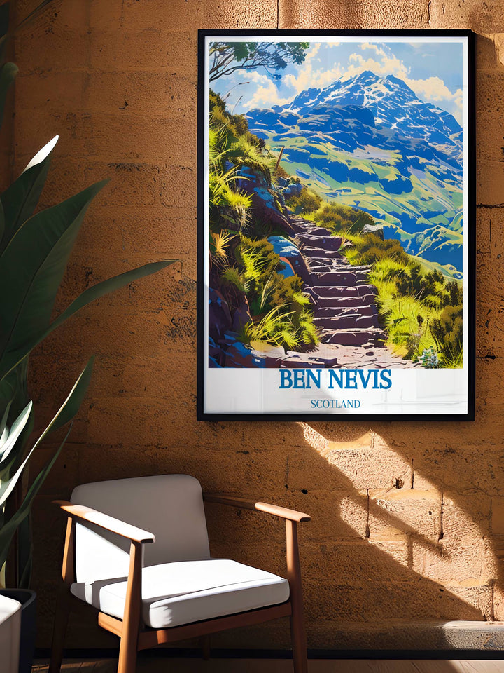 Artistic representation of the Ben Nevis Steps with detailed imagery of the rugged terrain and the ascent trail leading through the Scottish Highlands