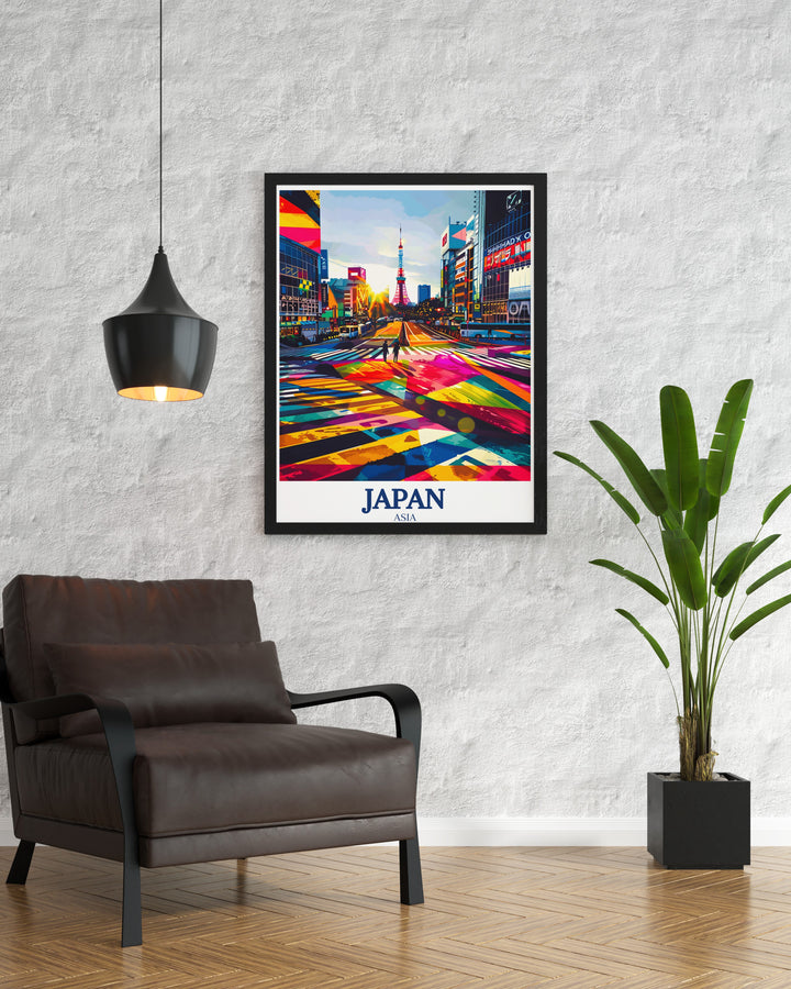 Tokyo Tower travel poster highlighting the towers glowing lights and architectural elegance. This artwork brings a touch of Tokyos urban charm into your home, ideal for anyone who appreciates modern cityscapes.