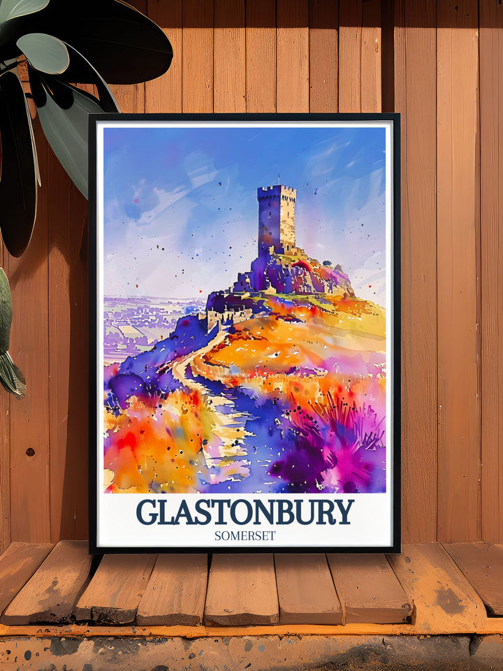Gorgeous Glastonbury Tor artwork with St. Michaels tower and Somerset levels perfect for fans of England wall art and those looking for special UK art posters or Glastonbury gifts to enhance their living space with historical charm.