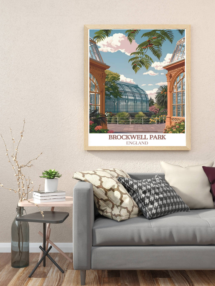 View of Brockwell Park with stone covered paths leading to the greenhouses, perfect for a peaceful office decor