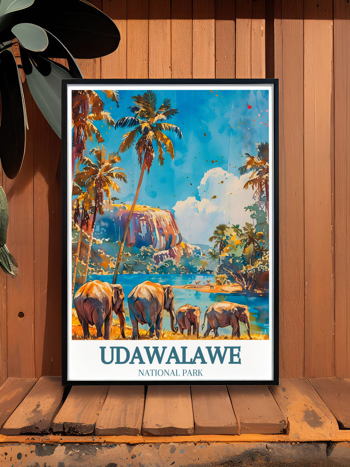 Unique Udawalawe Reservoir Walawe River wall art showcasing the serene landscapes and rich wildlife of Sri Lanka perfect for adding a touch of adventure and beauty to your living space or as a thoughtful gift.