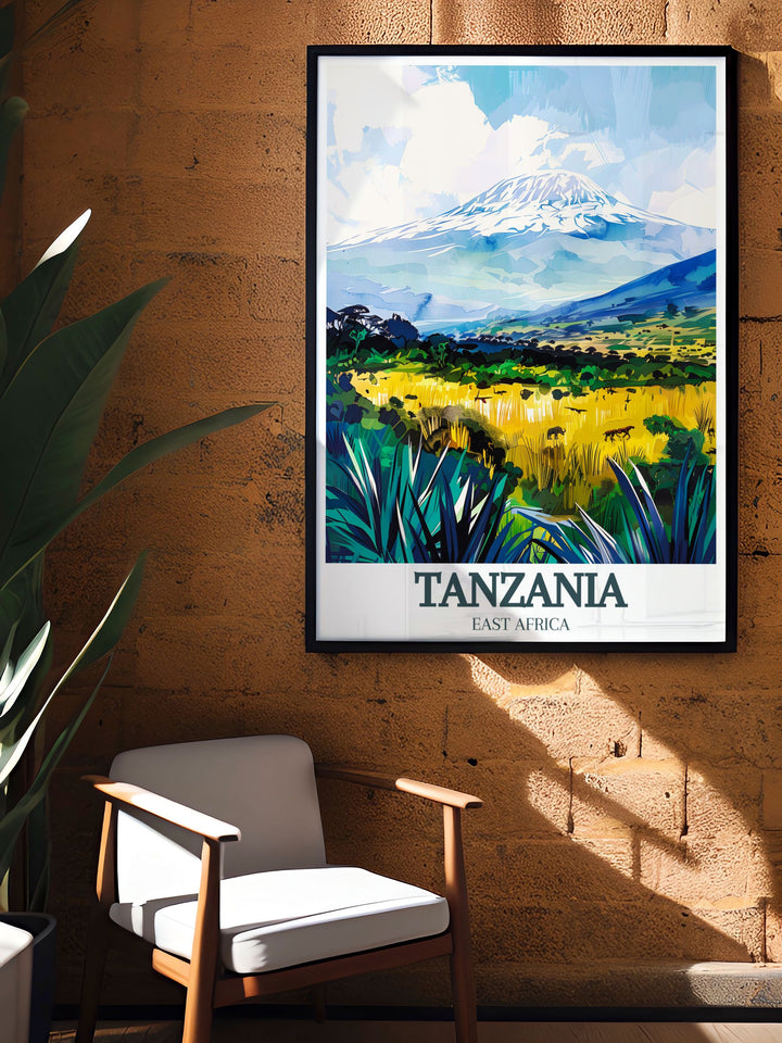 Framed Print of Serengeti giraffes combined with Mount Kilimanjaro Arusha National Park Stunning Living Room Decor creating an elegant and adventurous centerpiece for anyone looking to add African safari inspired art to their decor.