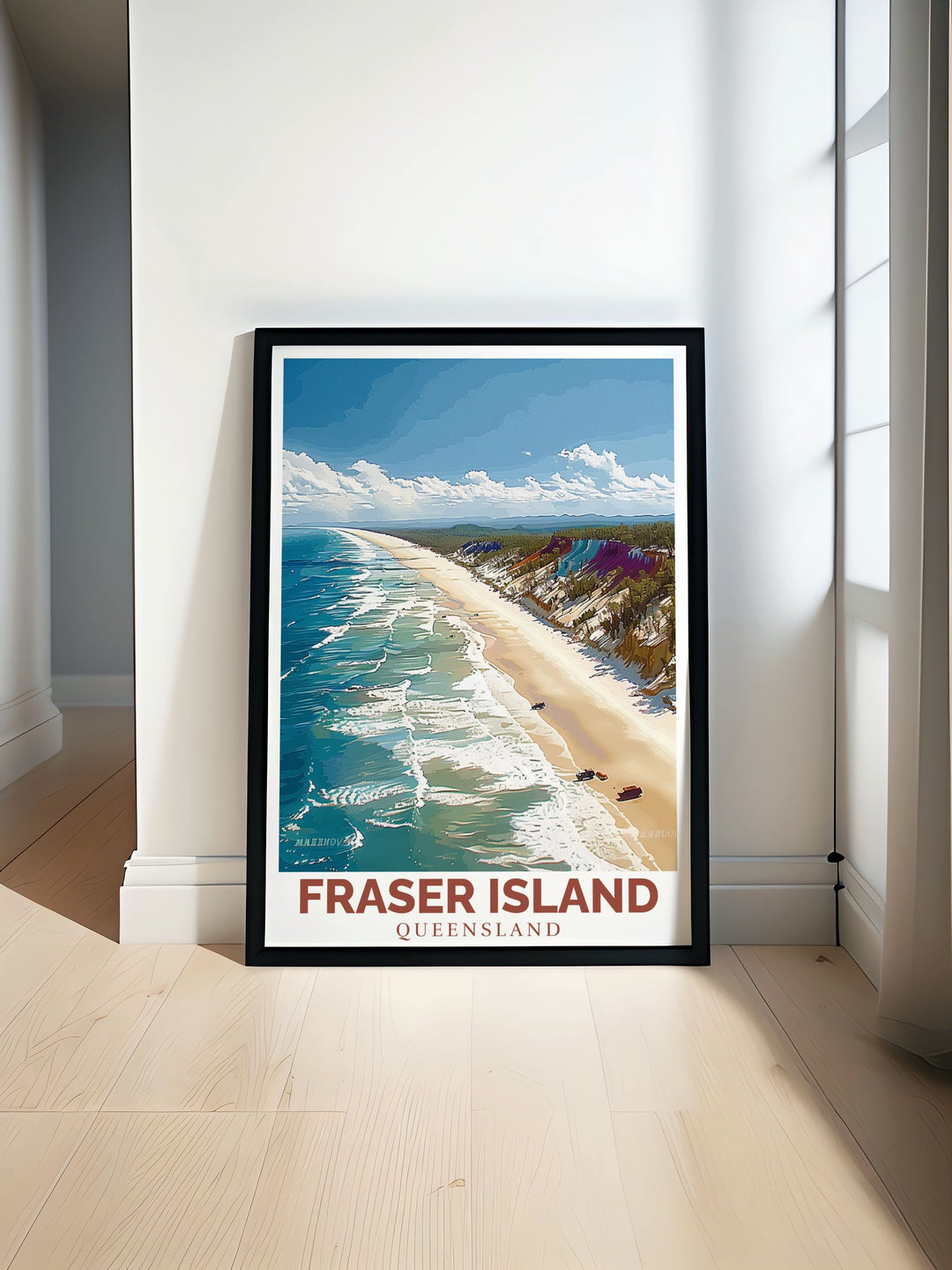 Fraser Island Art Print featuring 75 mile beach with vibrant colors and detailed design perfect for any living room or office décor. This Australia Poster showcases the beauty of Queenslands Fraser Island and is ideal for beach lovers looking for stunning wall art.