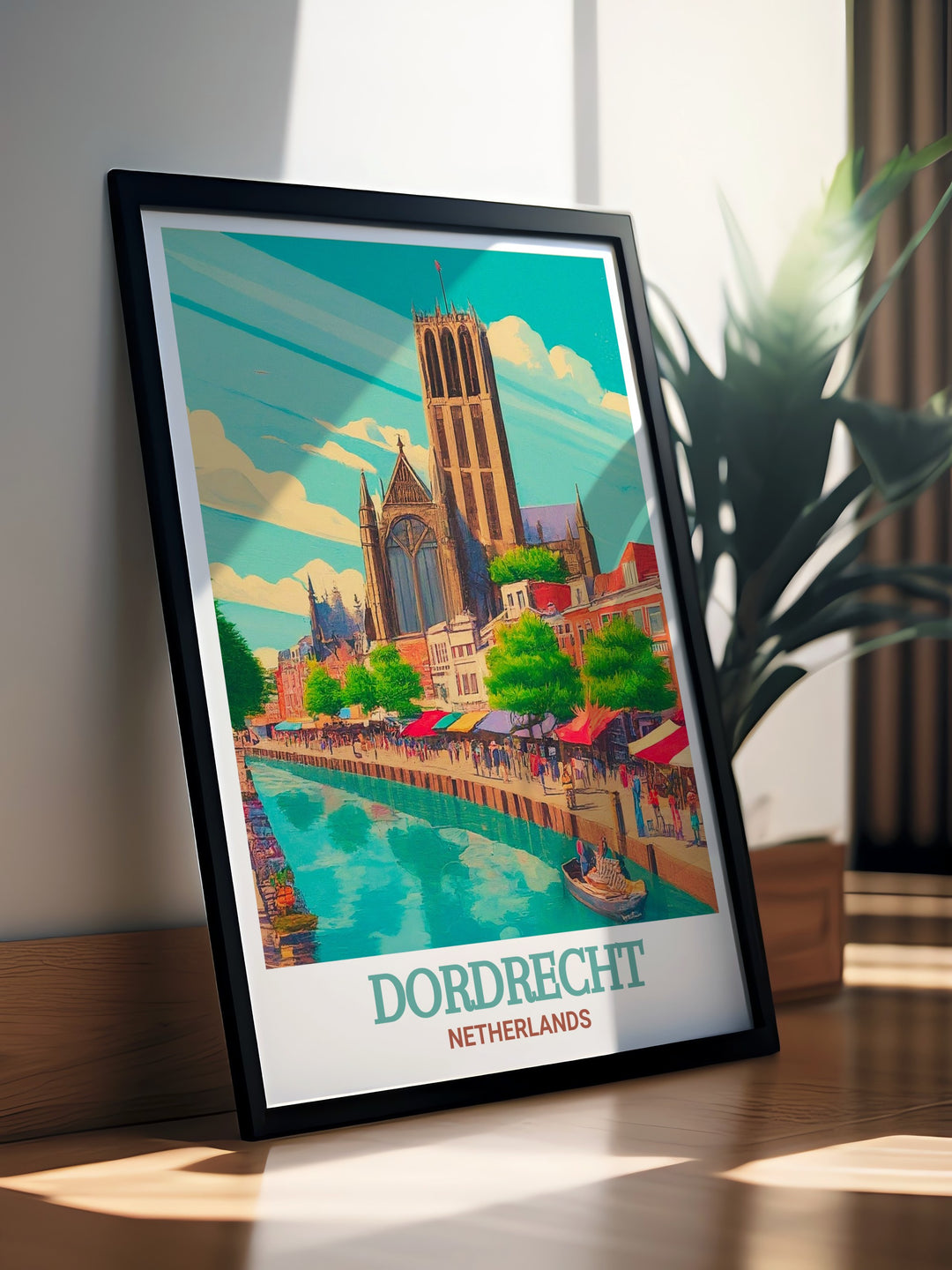 Netherlands travel poster featuring Grote Kerk in Dordrecht, capturing the essence of this historic Dutch city. This print is ideal for those who love European history and architecture, offering a glimpse into the timeless beauty of Dordrecht.