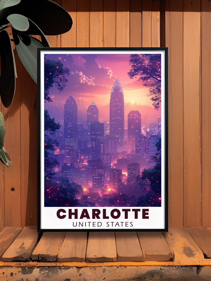 The Charlotte canvas art brings to life the citys skyline, focusing on the iconic Bank of America Corporate Center. Perfect for modern decor, this travel poster is ideal for anyone who wants to showcase their love for Charlotte. Its vibrant colors and detailed rendering make it a stunning piece for any room.