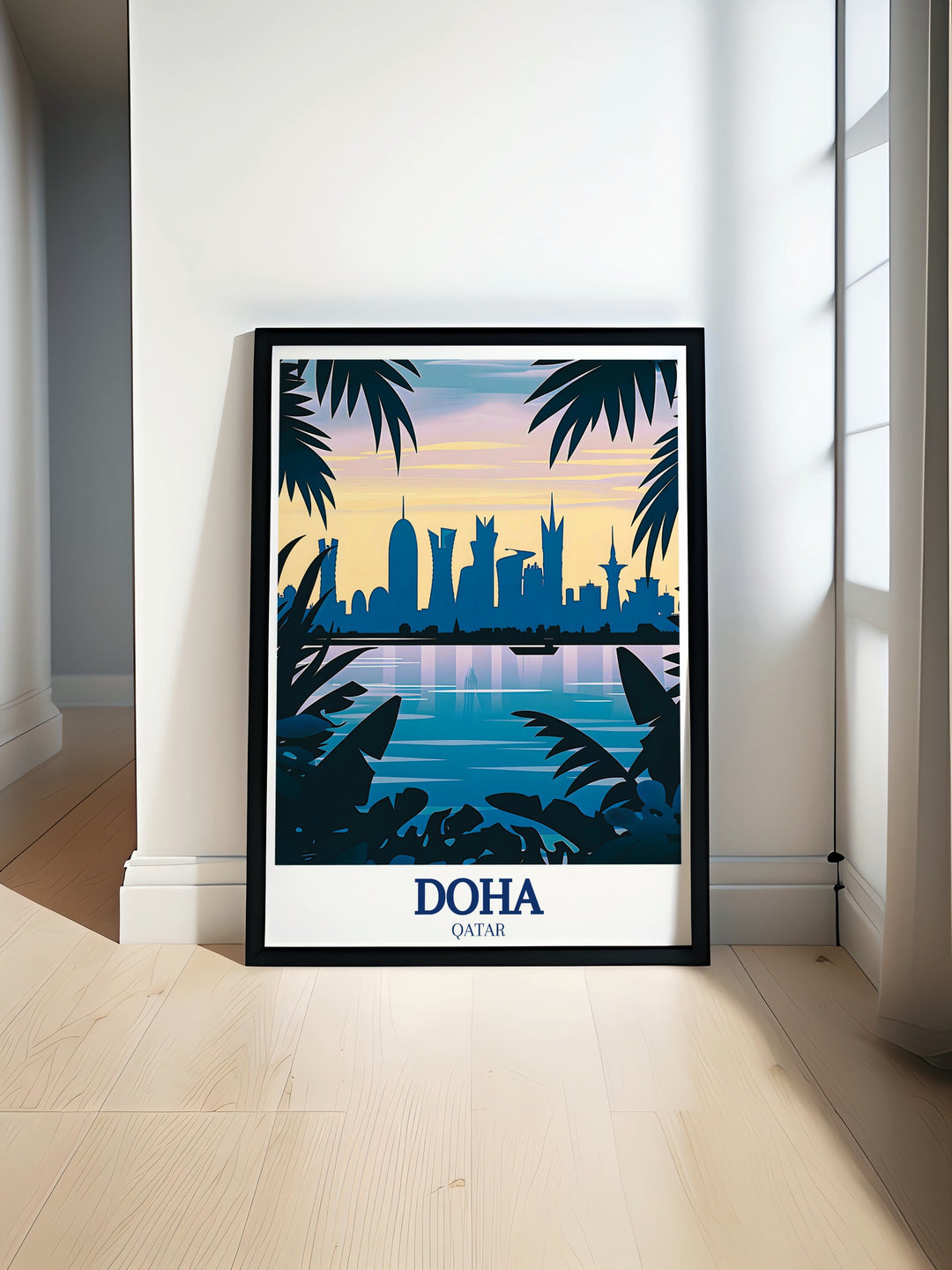 Dohas rapidly evolving skyline, with Burj Doha and Aspire Tower at its forefront, is captured in this travel print, celebrating the citys blend of tradition and modernity.