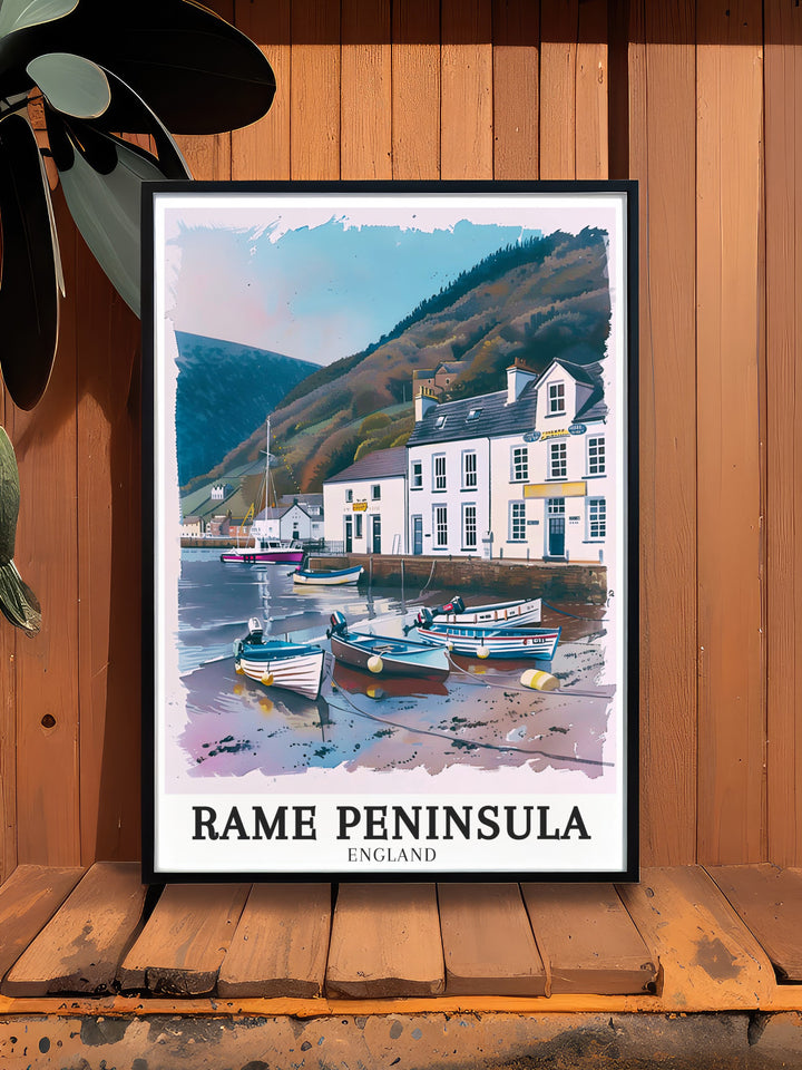 Enhance your living space with this Cornwall art print featuring Mount Edgcumbe in the Rame Peninsula Perfect for modern decor or as a unique gift this artwork brings the timeless beauty of Cornwall into your home creating a serene and elegant atmosphere.