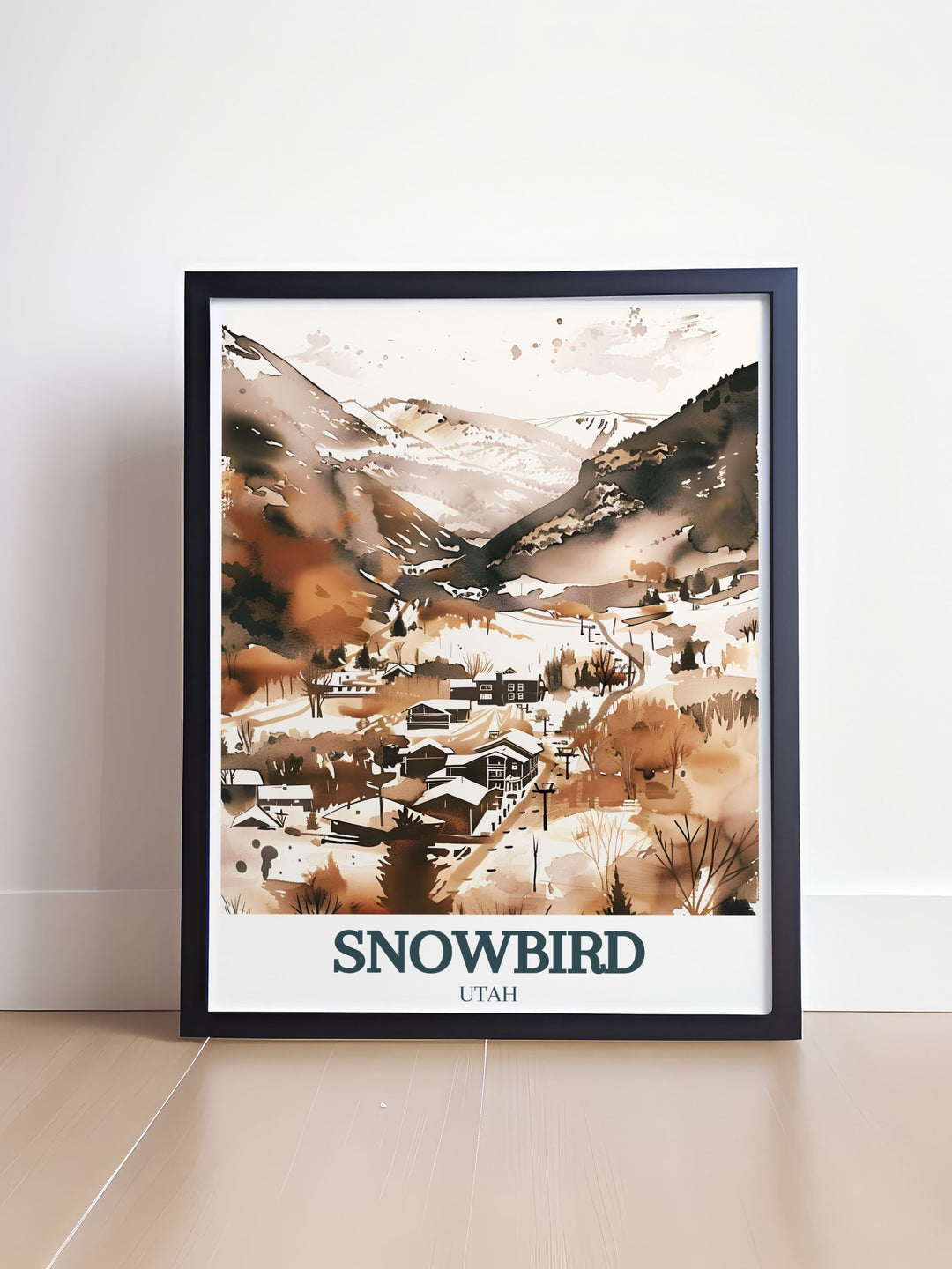 Hidden Peak and Cliff Lodge stunning living room decor print showcasing the majestic snow covered scenery of Park City Utah. The artwork emphasizes the classic charm of the ski resort with a detailed portrayal of Hidden Peak and Cliff Lodge.