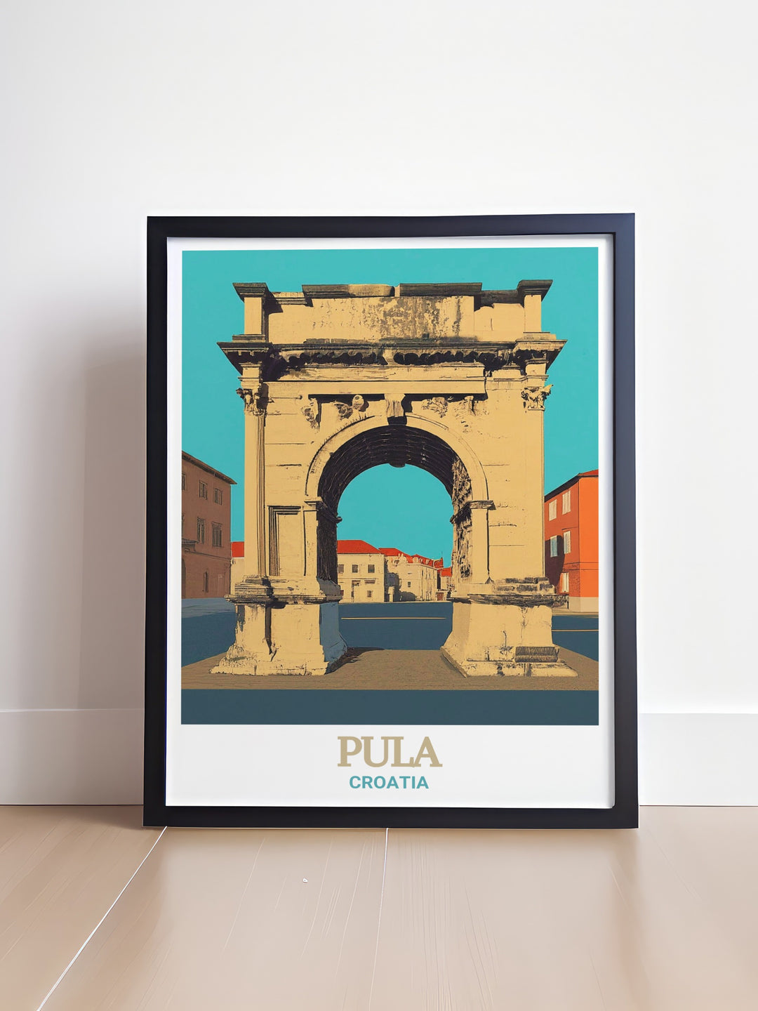 Celebrate the beauty and history of Pula with this detailed travel poster, featuring the Arch of the Sergii. The artworks intricate depiction of this Roman monument makes it a standout piece for any room.