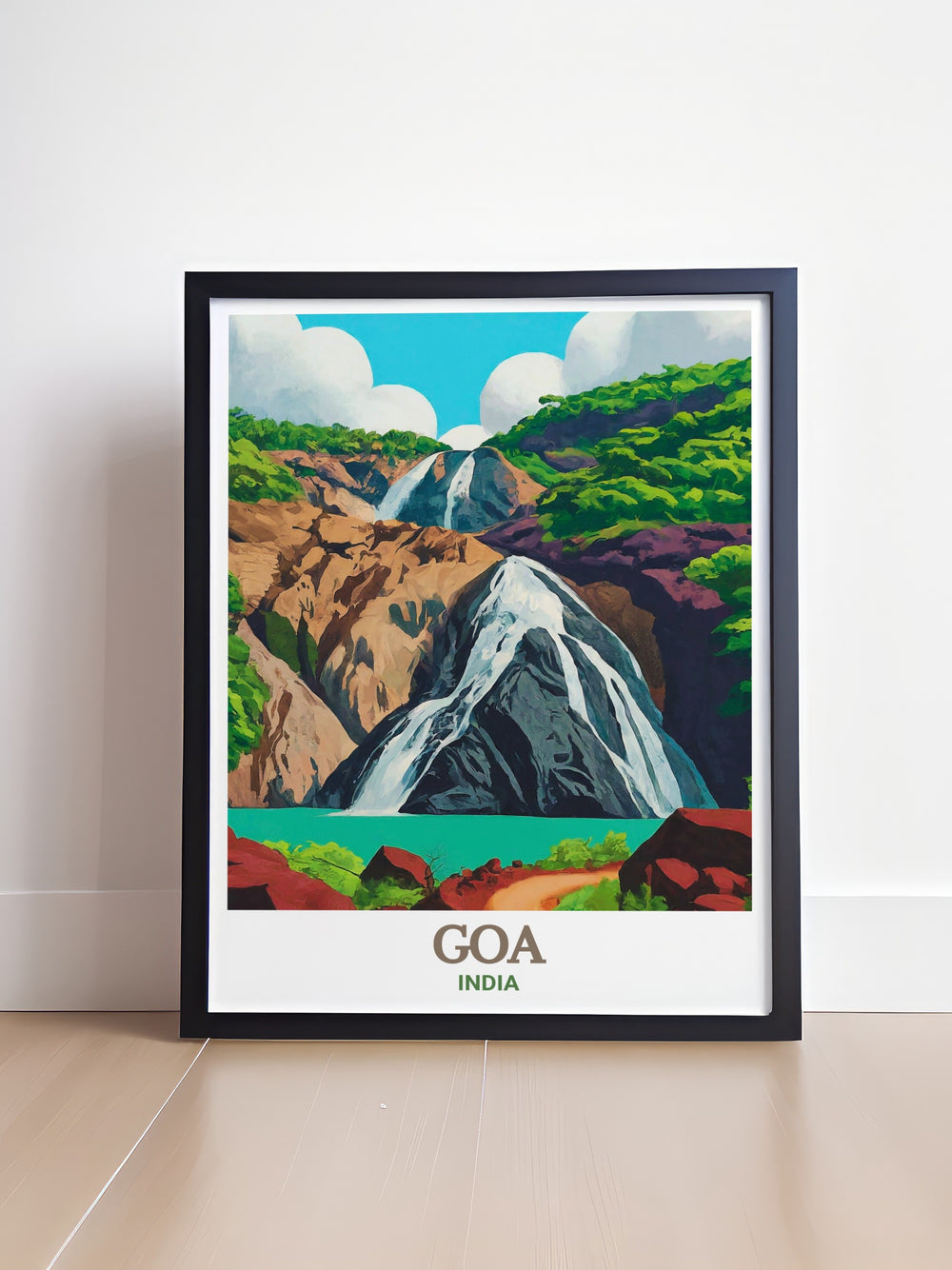 Goa travel print featuring the serene and powerful Dudhsagar Falls, capturing the essence of Goas natural landscapes. This print is perfect for those who appreciate cultural and natural art and want to bring a piece of Indias beauty into their home.