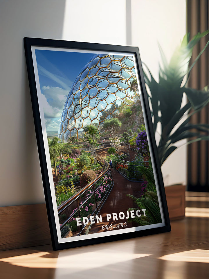 Eden Project wall art print displaying the unique design and vibrant ecosystems found within the famous Cornwall attraction ideal for adding a touch of nature and innovation to your decor this piece is a must have for any art collection.