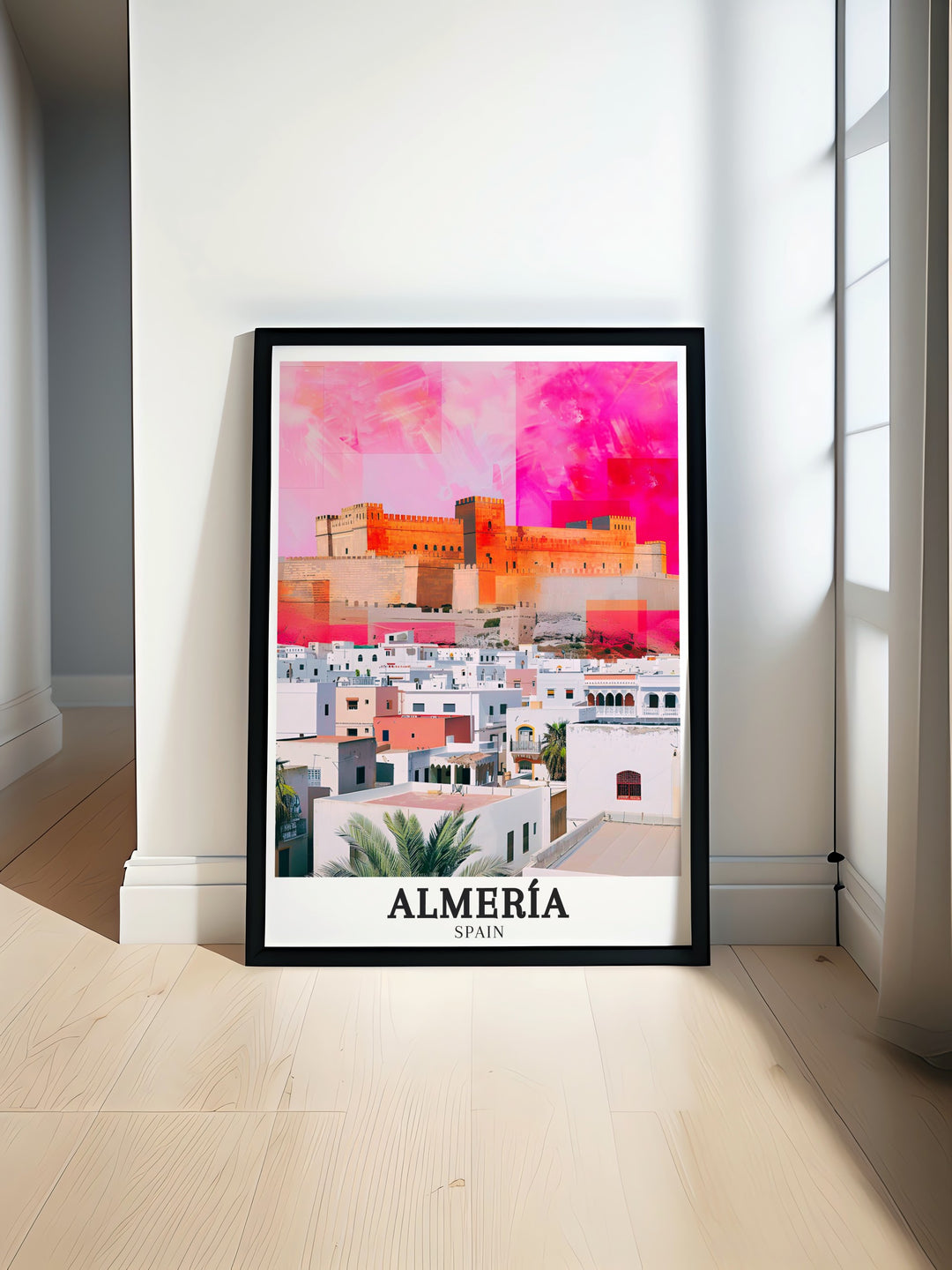 Almería travel poster highlighting the Alcazaba fortress and La Chanca neighborhood. The detailed print captures the essence of this Spanish citys blend of ancient history and modern vibrancy, perfect for travel lovers.