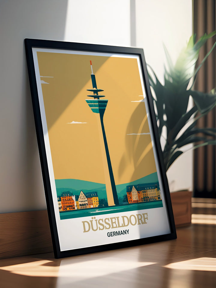 Celebrate Düsseldorfs Rheinturm with this beautiful travel poster, which showcases the towers grandeur against a backdrop of the citys skyline. Perfect for travel enthusiasts or art lovers, this print brings a slice of Germany into your home.